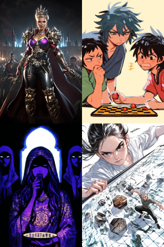 韩国女子于纸上玩游戏棋盘，旁有两角色，无眼观察者，漫画线条，黑铅笔绘，蓝染图案，简化写实风，黑长袍，侧光。