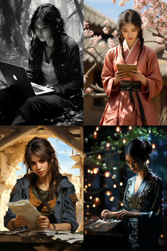 受唐寅启发，公主在笔记本上画画，前景，自然日志风，后有古遗迹，黑白，全身像，漫画动漫风，长焦，柔和光，专注，艺术感。