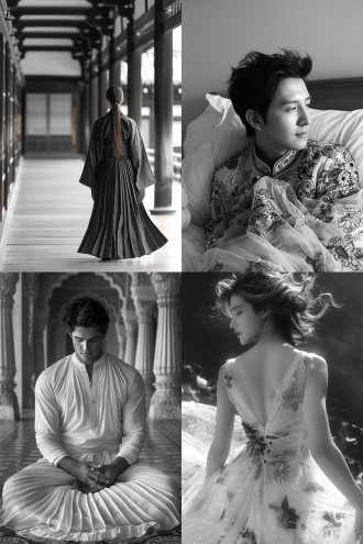 受唐寅启发的年轻男子，着 modest flowing gown，置身古典场景，对称构图，黑白影调，柔焦，复古氛围，艺术感，若有所思。