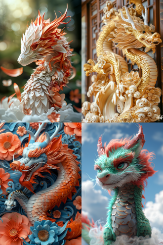 蓝金配色，剪纸效果，云中飞舞的金色长龙渐渐变成银色蟒蛇在大海畅游，喜庆的春节元素，中国风，闪光，金箔画，梦幻神奇的动漫。