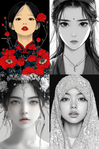 宫殿中13岁汉服女孩，近景构图，黑白线条，图案艺术风，如塔罗牌，有流动披风与花，受袁耀启发，静态故事感 。