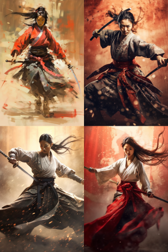 日本女武士，手持利刃踢腿，身侧有旧手稿文字，侧身行走，优雅英勇，东洋风格，暖光，特写，漫画感，利落，飒爽 。