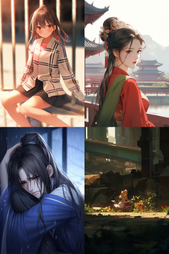 13岁汉服女孩独坐监狱旁墓地，悲伤绝望，东洋风格，漫画感，宫殿元素，光影对比，特写，创意，塔罗氛围。