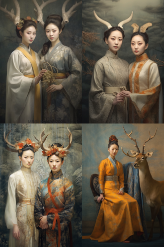 融合唐寅风格 两女子 独特发型 着优雅古希腊裙 带鹿角蟑螂元素 如彩色课本插画 炭笔质感 博物馆风 侧光 拼接 创意 典雅 。