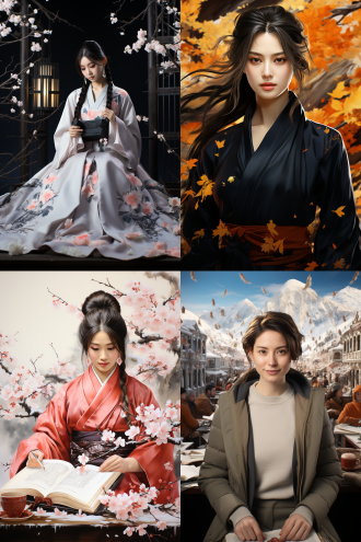 受唐寅启发的女子着裙装在笔记本画图，中长焦半身像，水墨风，四川场景，暖墨色，顶光，专注，游戏截图般质感，漫画1980风 。