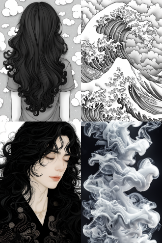 女子悬空长发飘，非二元春之神，于翻滚云海与巨浪间，黑白墨绘，满页期刊风，漫画封面感，爱意幸福流淌 。