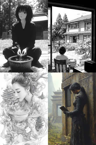 受唐寅启发的黑白漫画风，黑袍女子施展法术于神奇大锅中，身旁盆景，身后庙宇，信箱构图，写实感，侧逆光，神秘。