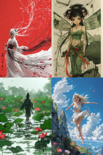 一位美丽的仙女在空中飞舞，漫天飞花，衣袂飘飘，绸带翻卷缠绕，优雅轻灵，画面左下角有题词