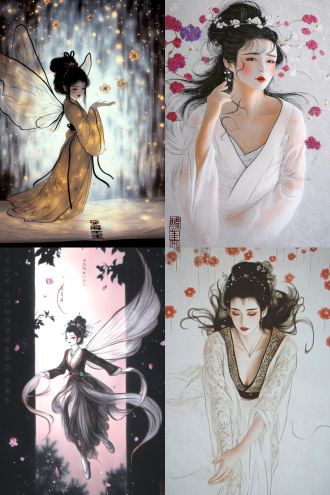 美丽仙女空中飞舞，漫天飞花，衣袂绸带飘卷，画面左下有题词，中心构图，梦幻风，长焦，柔焦，逆光，灵动，优雅，暖粉紫调 。