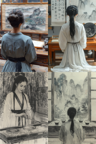 画室内古装女子书桌前作画，落地盆景旁，三分构图，古典风，长焦镜头，顶光，慢笔触，水墨山峰，淡彩，宁静。