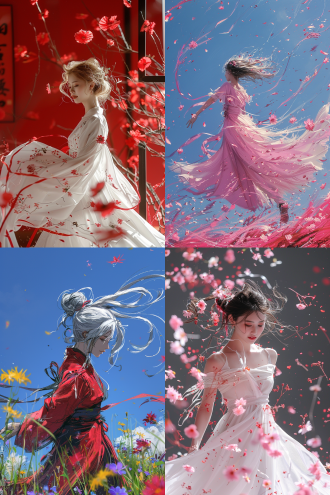 一位美丽的仙女在空中飞舞，漫天飞花，衣袂飘飘，绸带翻卷缠绕，优雅轻灵，画面左下角有题词