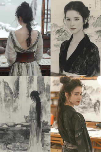 画室内古装女子书桌前作画，落地盆景旁，三分构图，古典风，长焦镜头，顶光，慢笔触，水墨山峰，淡彩，宁静。