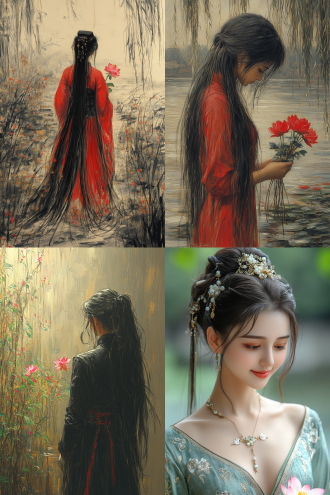 一位雍容华贵的中国古装美人在河边杨柳树下赏花，手里拿着一朵芙蓉花。