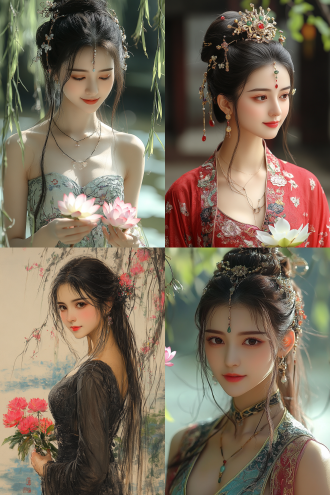 一位雍容华贵的中国古装美人在河边杨柳树下赏花，手里拿着一朵芙蓉花。