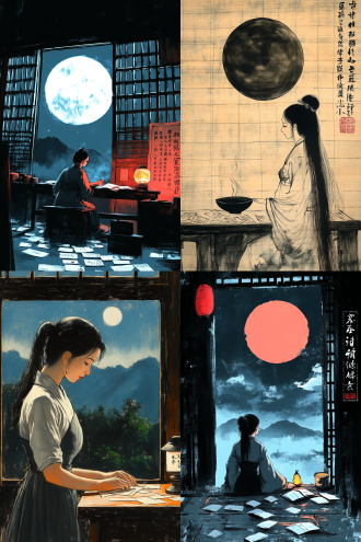 一位中年母亲坐在桌旁缝补衣裳，桌上点着油灯，摆着拆开的信笺，木格子窗户外隐约可见的群山和月亮，右上角有题词，中国古风，爱心细致专注，朴素安详。