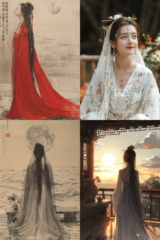 一位美丽的中国古装仙女披着丝巾站在凉亭外的平台上抬头赏月，身边的石凳精雕细刻，石桌上有插着鲜花的花瓶，茶壶茶杯，左上角有题词。