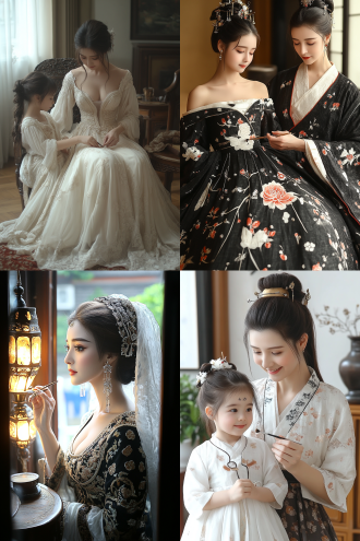 唐朝贵妇为坐凳女儿画眉，对称构图，室内古雅家具，暖黄主调，中焦镜头，顶光，人物端庄，轻纱华丽服饰，温馨。