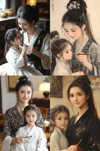唐朝贵妇为坐凳女儿画眉，对称构图，室内古雅家具，暖黄主调，中焦镜头，顶光，人物端庄，轻纱华丽服饰，温馨。