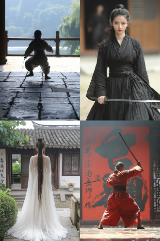 一位中国古代女侠在庭院里练剑，轻功腾跃，双剑挥舞在空中，刀光剑影，英姿勃发，轻盈灵动。