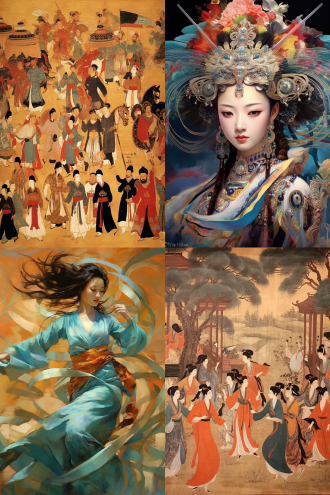 盛世繁华的宴席上，一位美人表演敦煌舞，绸带飞舞，精美的服饰，优美的动作，戴着长长的指甲。