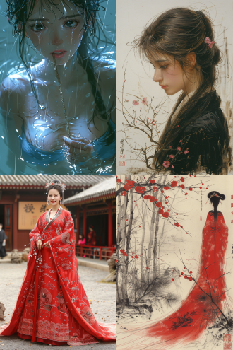 一位中国古装美人在梅花林里赏花，手里拿着一枝梅花，娴静优雅，古色古香