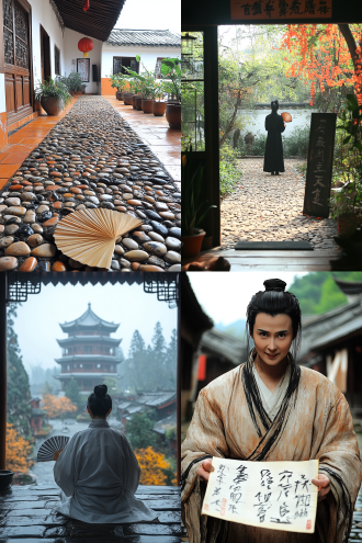 中国古装年轻书生持折扇推开木门步入庭院石板路，门外鹅卵石路蜿蜒远方，对称构图，古风，长焦，顶光，推，宁静。