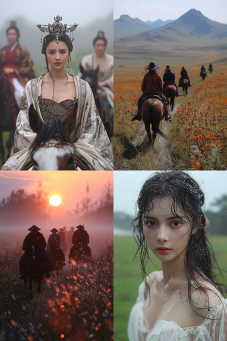 唐朝贵夫人草原策马扬鞭，三分构图，开阔草原，长焦镜头，逆光，动态模糊，华丽服饰，朝气神情，鲜艳色彩，奔放。