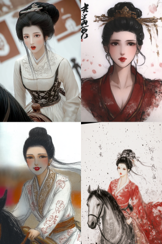 一位唐朝贵夫人策马扬鞭奔驰在草原上，服饰华丽，朝气蓬勃。