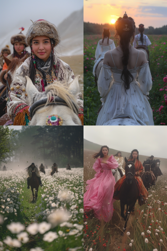 唐朝贵夫人草原策马扬鞭，三分构图，开阔草原，长焦镜头，逆光，动态模糊，华丽服饰，朝气神情，鲜艳色彩，奔放。