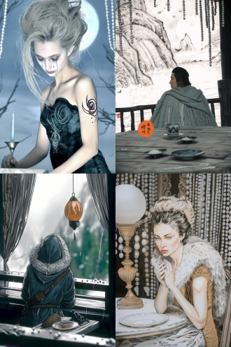 一位服饰华丽的贵夫人坐在桌旁用袖子擦泪，服饰上装饰着雪白的绒毛。阳台上的栏杆外湖水波光粼粼，月色倒影水中，珠帘往两边挂起，在月光和煤油灯光的照映下闪闪发亮。