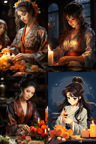 在木桌上点着蜡烛，身着灰袍的女贼似nezuko，像艺术速写，有观音元素，受相关风格启发，室内暖光，特写，专注书写 。