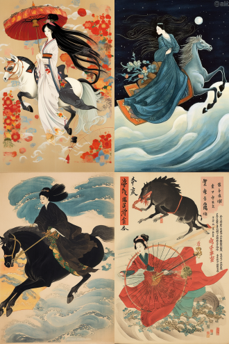 女子骑飞独角兽，受齐白石启发，少女漫风，有旁注。穿晚礼服半转身，龟拟人化，单版画风格，马车场景，逆光，动态，奇幻 。