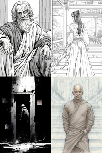 taoist priest, sketch of a lucid dream, leaning on door, house interior, scp-914, story book, with long thin antennae, creative commons attribution, museum catalog, the tarot card of earthly demise, marginalia, manga style, doorways, stream flowing through the house, in historic clothing
