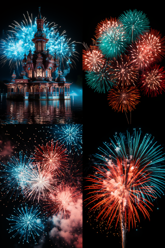 综合类烟花燃放的视觉盛宴效果展示，广告视频，喷花，旋转，吐珠，旋转升空，烟雾，线香，礼花，泡泡，彩珠，时雨，霹雳，喷泉，烛光，时雨柳，响子，火花，星火，彗星尾巴，彩花，火焰，银鱼，虎尾，游星，五颜六色，造型各异，变幻多端。