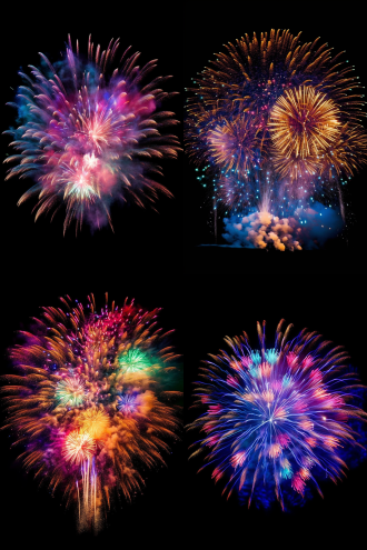 烟花燃放视觉盛宴，中心构图，绚丽夜景，大光圈，慢快门，多彩烟雾，旋转升空，火焰喷泉，泡泡彩珠，奇幻，震撼，广告风。