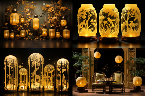 精美丝绸竹制花灯，绘花鸟山水草木，中央构图，室内夜景，暖黄主色，长焦镜头，顶光，光影投射，静谧，中式风。