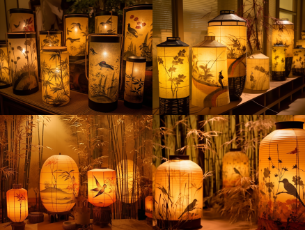 精美丝绸竹制花灯，画花鸟山水草木，于灯展，中心构图，暖黄光影投于墙地，特写，顶光，夜间氛围，传统，温馨。