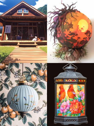 精美丝绸竹制花灯，画花鸟山水草木，于灯展，光影投墙地，对称构图，暖光，长焦，细节清晰，传统风，宁静。