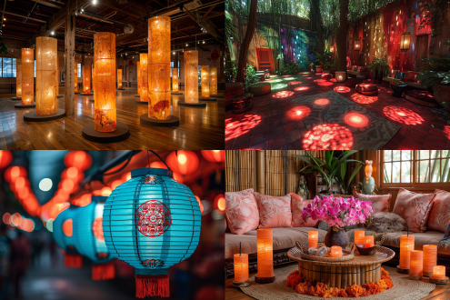 精美丝绸竹制花灯，花鸟山水草木画，于灯展，光影投在墙地，低角度构图，暖黄主色，慢快门，柔和顶光，静谧，元宵节氛围。