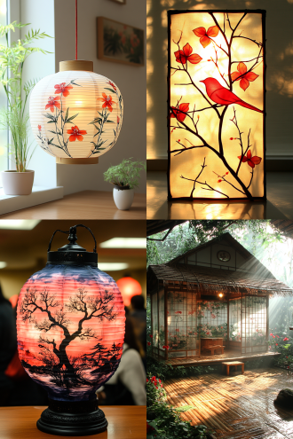 一盏精美的丝绸竹制花灯，画着花鸟山水草木，墙壁和地板投下夜间的光影，元宵节灯展作品