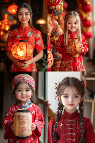 穿红衣笑眼弯弯女孩在中式新年场景，提着精美的花灯，中心构图，暖色调，标准镜头，侧面光，有爆竹舞狮等传统元素，梦幻灯光，欢乐欣喜。