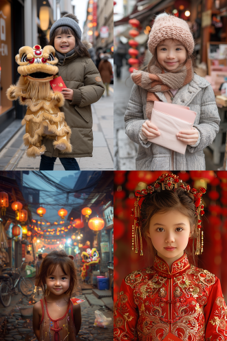 中国美丽可爱小女孩舞动醒狮于中国新年除夕热闹街市，取下狮子头道具的瞬间露出开心的笑容，灿烂的神情，拿着到手的红包，居中构图，民俗风，各种镜头尤其长焦，暖色调，顶光，灵动喜庆欢乐有红包 。 红 梦幻灯光 黑光 中式服装 爆竹 舞狮 中国结 灯笼 欣喜若狂