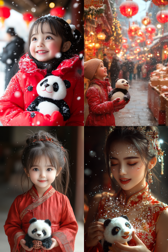 穿红衣笑眼弯弯女孩抱着熊猫玩具在中式新年场景，雪花纷飞，中心构图，暖色调喜庆，标准镜头，侧面光，细节丰富，传统元素，欢乐 。 红 梦幻灯光 黑光 中式服装 爆竹 舞狮 中国结 灯笼 欣喜若狂