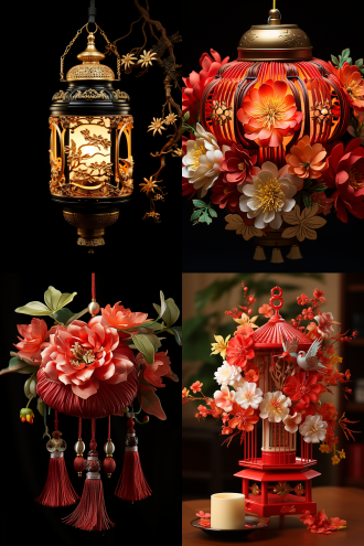 高高挂起来的八角形丝绸宫灯，流苏装饰，写着“迎春纳福”画着牡丹和龙凤，祥云和波浪，暖光，中式背景，喜庆高贵典雅精美