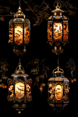 高高挂起来的八角形丝绸宫灯，流苏装饰，写着“迎春纳福”画着牡丹和龙凤，祥云和波浪，暖光，中式背景，喜庆高贵典雅精美