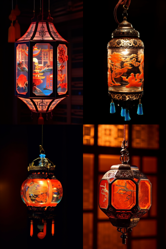 高高挂起的六角玻璃文官灯，有博士帽流苏、元宵字样、山水龙蛇祥云，中式背景，暖光夜色，仰拍，喜庆高贵，特写，精美。