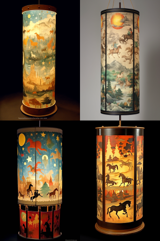 高高挂起来的双层蜡纸灯罩圆柱形走马灯，风铃装饰，外层留出方形落地窗，边框画着亭台楼阁山水花木日月星辰云彩霞光飞禽走兽，通过窗口可以看见内层画着奔跑的骏马和人物，暖光，中式背景