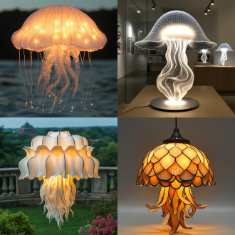 轻纱纸质无骨灯，水母造型，针刺密密麻麻小孔的花纹图案，光影效果特殊，寒光，夜景