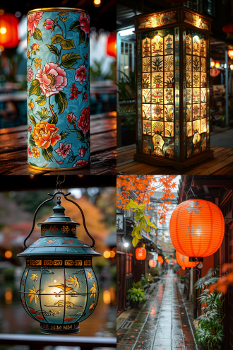 丝绸孔明灯，灯罩上写着密密麻麻的祝福文字，寒光，满月夜景