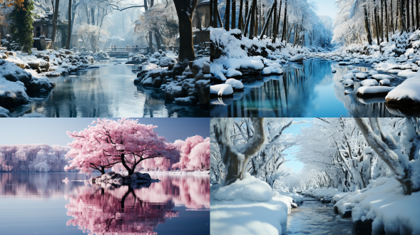 雾凇，河流旁，倒影，冰雪，不同的树木品众和造型，雾气蒙蒙，宛如仙境，雪夜背景